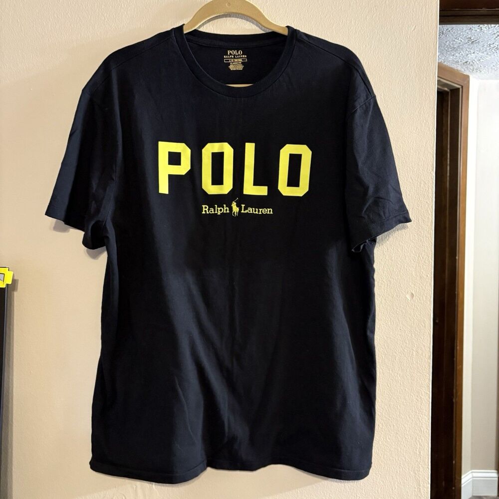 Polo Ralph Lauren T-Shirt Mens Large Black Yellow Spellout Big Logo Classic Fit